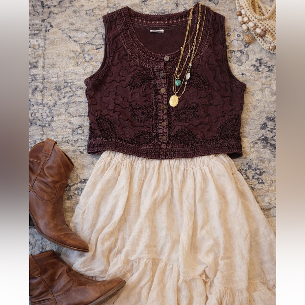 Boho Embroidered Cropped Top Festival Indie Free People Style Burgundy